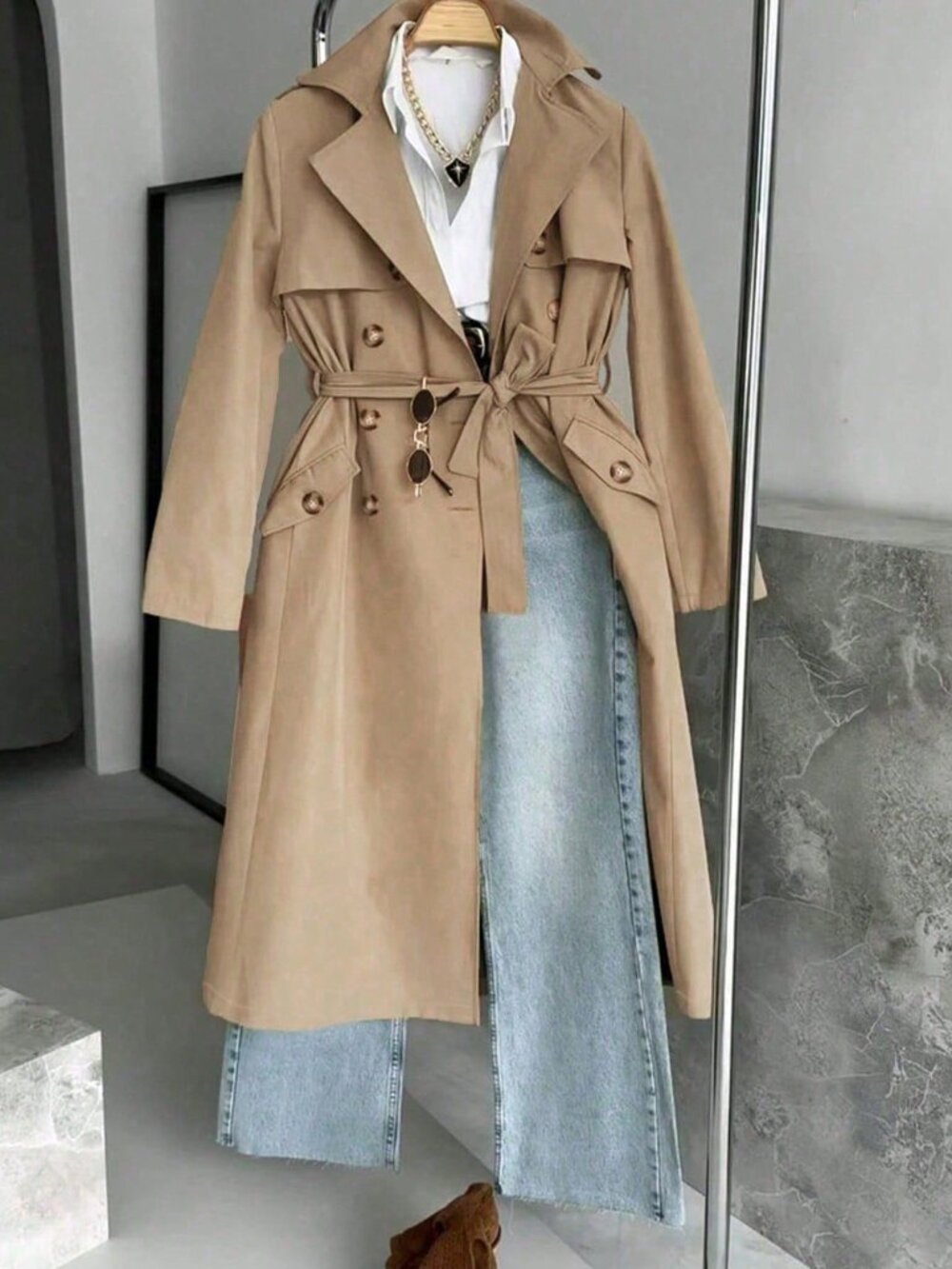 Khaki Casual Women's Trench Coat - Picture 3 of 6